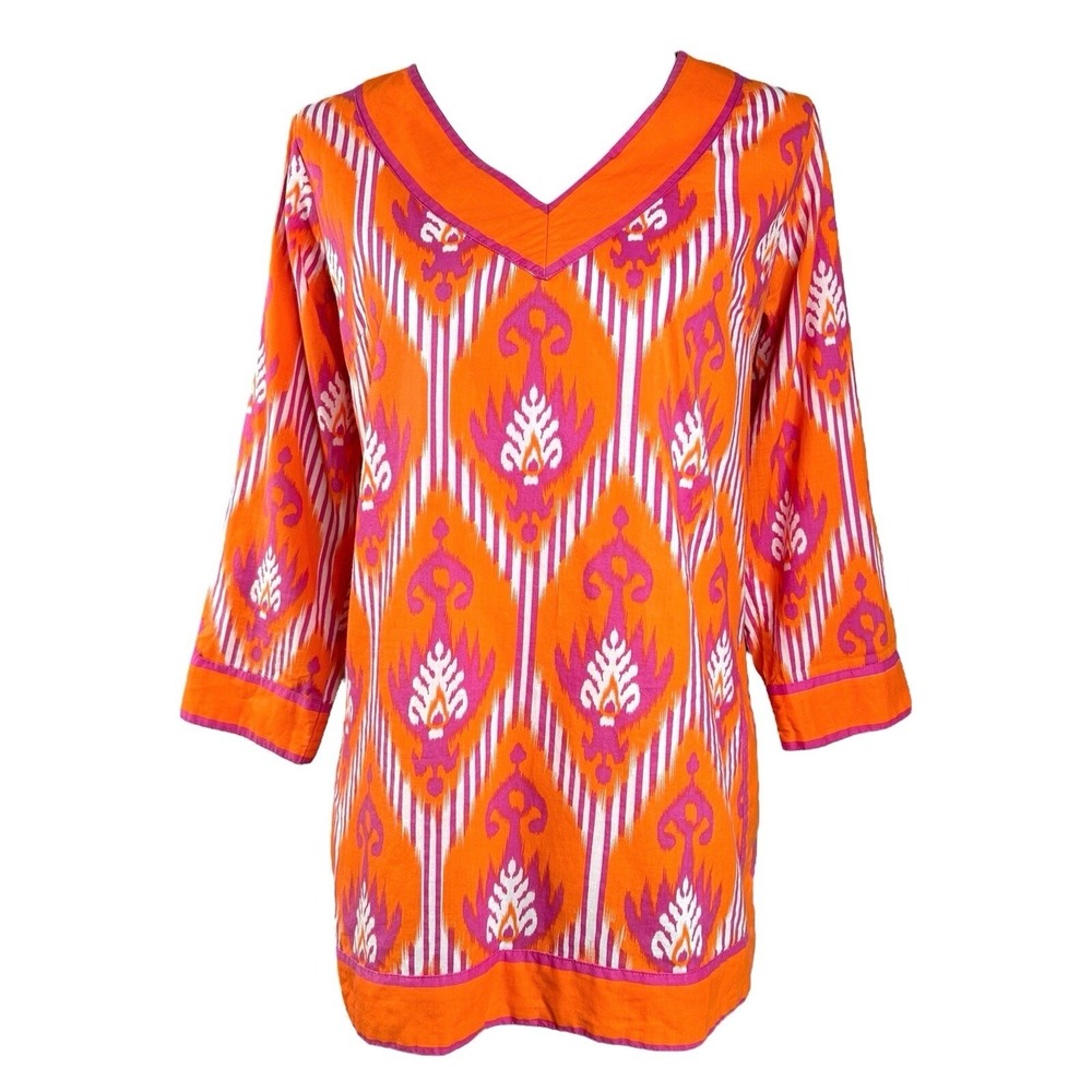 Gretchen Scott Top M Orange Purple Ikat Batik V Neck Cotton Resort Tunic - Picture 3 of 14